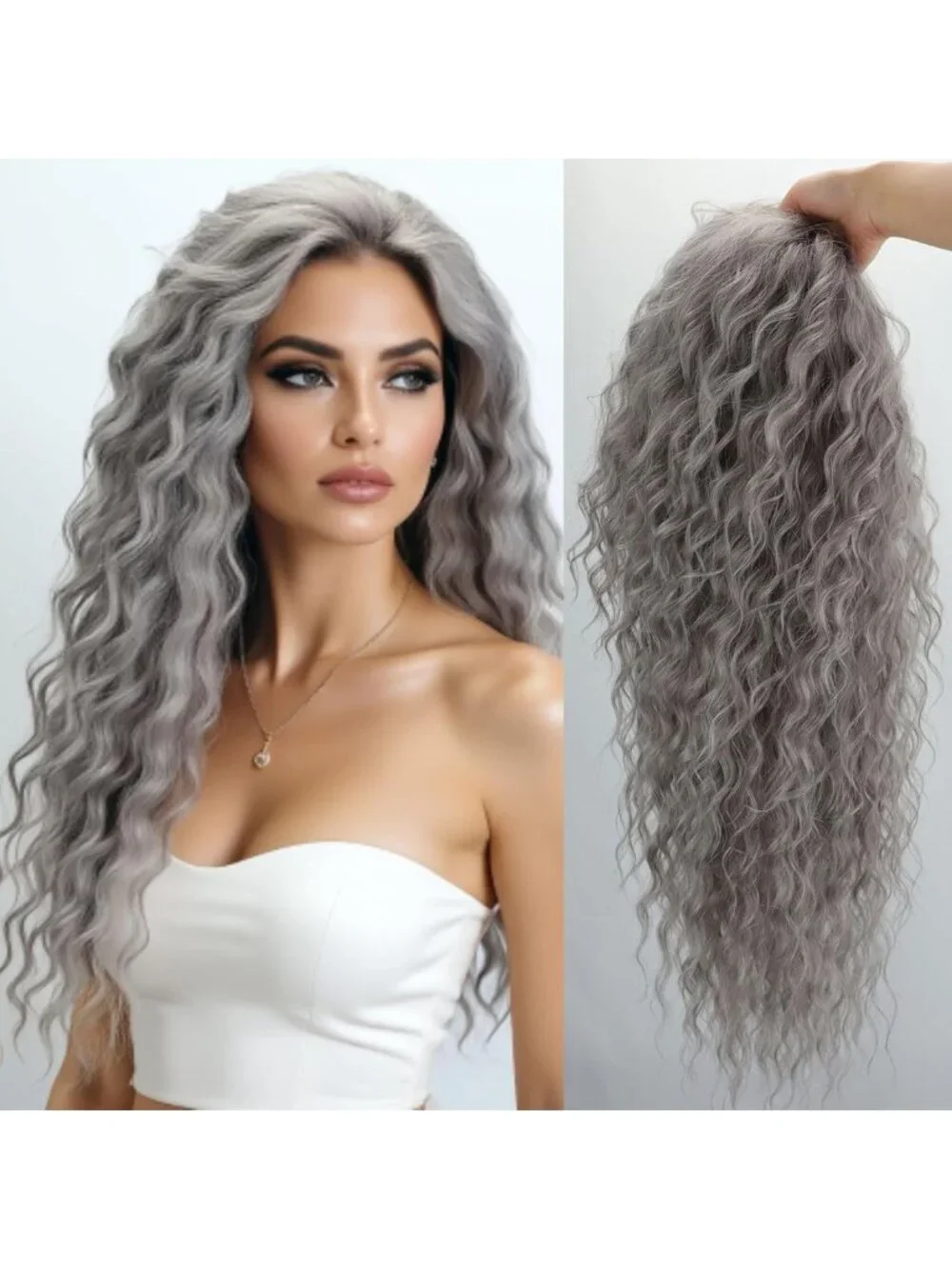 Long Curly Dark Grey Silver Synthetic Wig for Women - Natural Look, Stylish Hair